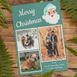 Cartão De Festividades Natal de Colagem de Fotos do Pai Natal Branco e Te<br><div class="desc">Este cartão festivo e divertido está pronto para ser personalizado com três das suas próprias fotos e as suas próprias mensagens e apresenta um esquema de cores brancas e lacrimogêneas com um gráfico de estilo retrô Papai Noel ao lado da mensagem "Feliz Natal" em letras brancas.</div>