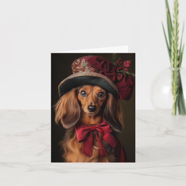 Cartão De Festividades Natal de Dachshund de Cabelo Longo Vitoriano (Frente)