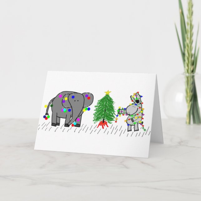 Cartão De Festividades Natal de elefante e burro (Frente)