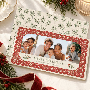 Cartão De Festividades Natal de Família com Múltiplas Fotos Florais em Re