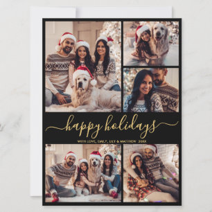 Cartão De Festividades Natal de Feliz Natal Dourado 5 Fotografias a Preto