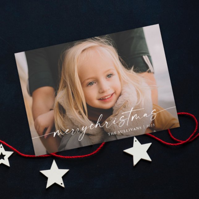 Cartão De Festividades Natal de Foto de Script Manuscrito Simples (An elegant photo christmas holiday card with handwritten script typography overlay.)