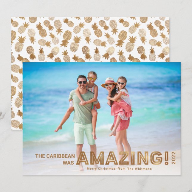 Cartão De Festividades Natal de Foto Dourada de Viagem Tropical Moderna (Frente/Verso)