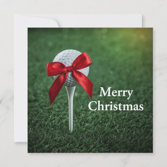 Cartão De Festividades Natal de golfe com bola de golfe e tee com laço (Frente)