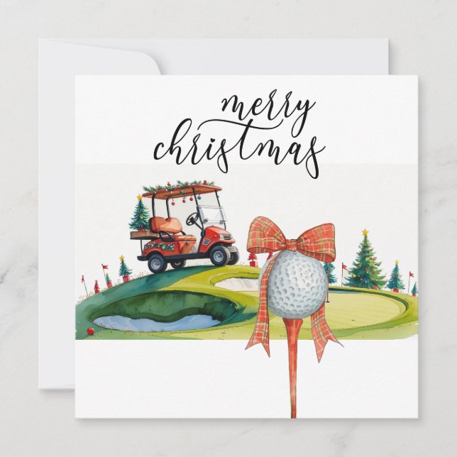 Cartão De Festividades Natal de golfe com bola de golfe e tee com laço (Frente)