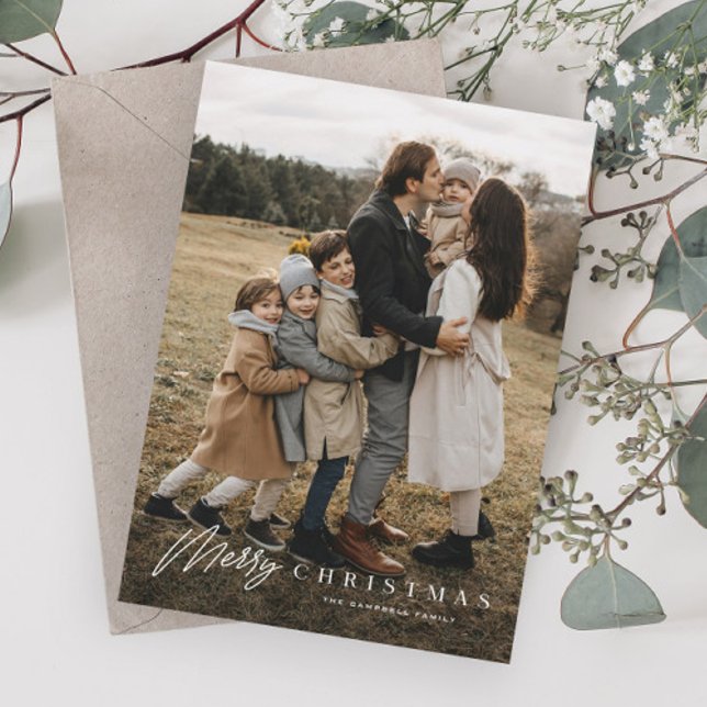 Cartão De Festividades Natal de Imagem Simples de Script de Feliz 3 (Simple merry christmas script photo christmas holiday cards.)