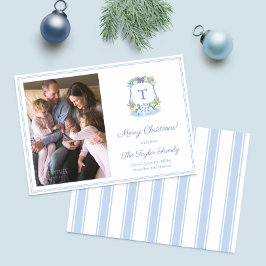 Cartão De Festividades Natal De Monograma Azul E Branco Pintado À Mão