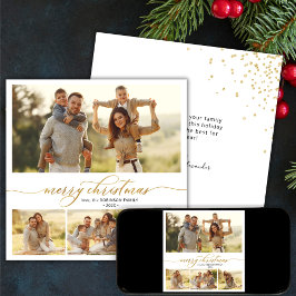 Cartão De Festividades Natal de multifotos com script Dourado simples 4