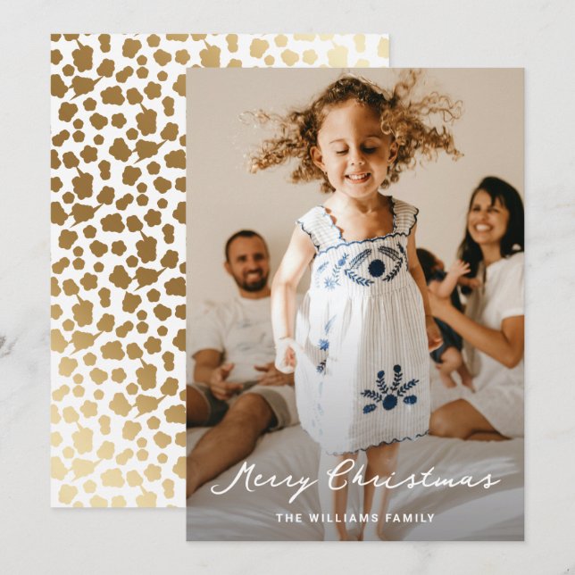 Cartão De Festividades Natal de Script de Estrelas Douradas Brancas Elega (Frente/Verso)