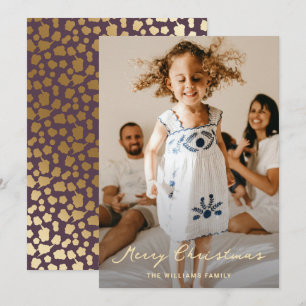 Cartão De Festividades Natal de Script de Estrelas Douradas Roxas Elegant