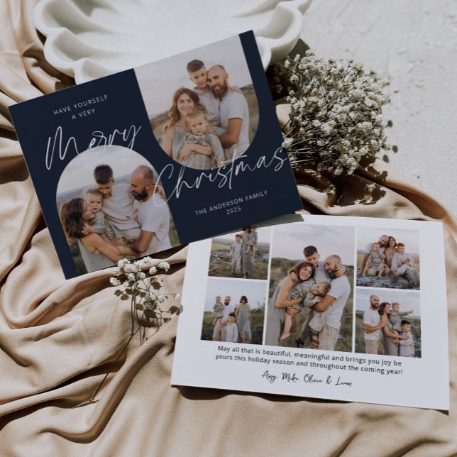 Cartão De Festividades Natal de Script Elegante Moderno de 2 Arcos Azul (Criador carregado)