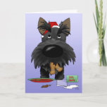 Cartão De Festividades Natal de Terrier do Scottish<br><div class="desc">Scottish Terrier que tenta obter afastado com comer todos os biscoitos do papai noel. O Scottie está vestindo um chapéu do papai noel,  com o homem do pão do gengibre em sua boca e o interior do cartão lê,  "Ho… Ho… Ho???"</div>