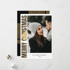 Cartão De Festividades Natal de Xadrez preto e Dourado moderno