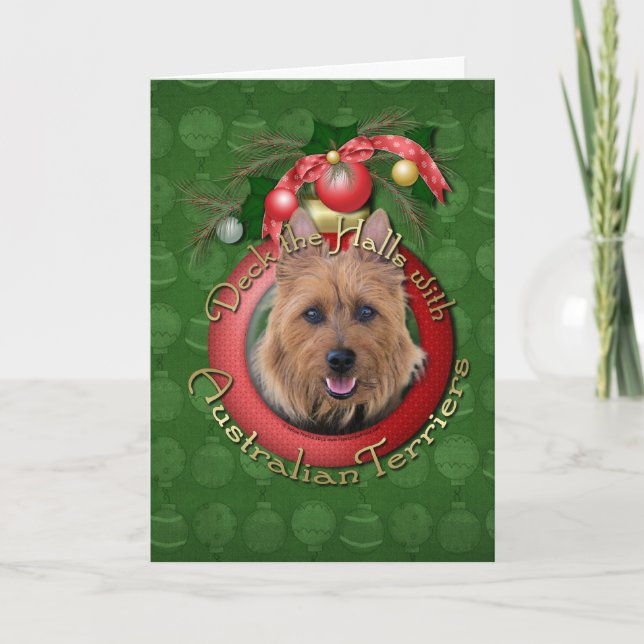 Cartão De Festividades Natal - Deck the Halls - Terriers australianos (Frente)