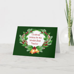 Cartão De Festividades Natal Deseja Holly Berry Wreath para o Professor