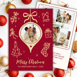 Cartão De Festividades Natal Desenhado à Mão Vermelho Dourado Foto Feliz