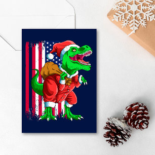 Cartão De Festividades Natal divertido azul Papai Noel TRex Tiranossauro