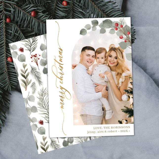 Cartão De Festividades Natal do Arco de Fotografias de Script Dourado Ele (Criador carregado)