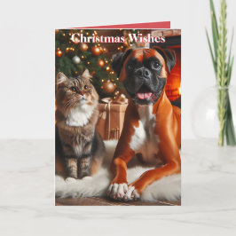Cartão De Festividades Natal do Cão Boxer e Gato