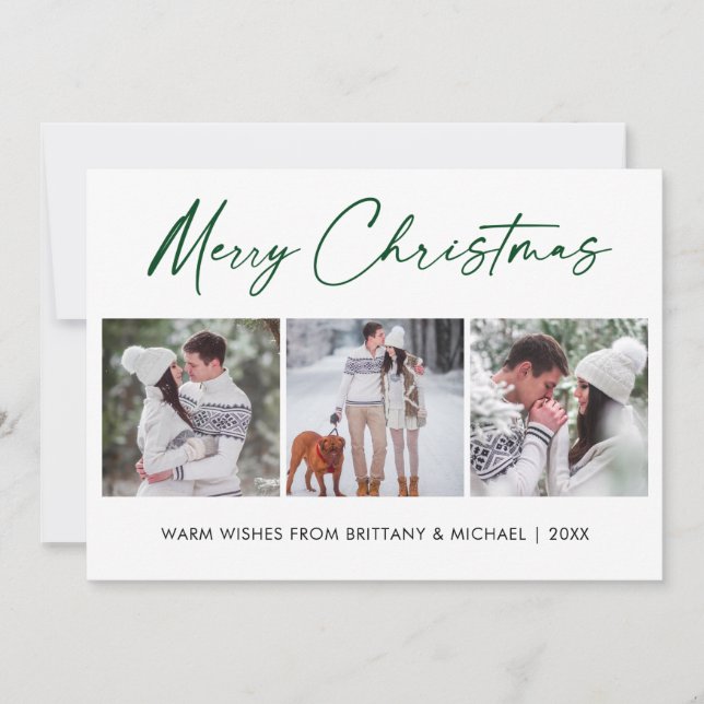 Cartão De Festividades Natal do Casal de Fotografias do Calligrafia Green (Frente)