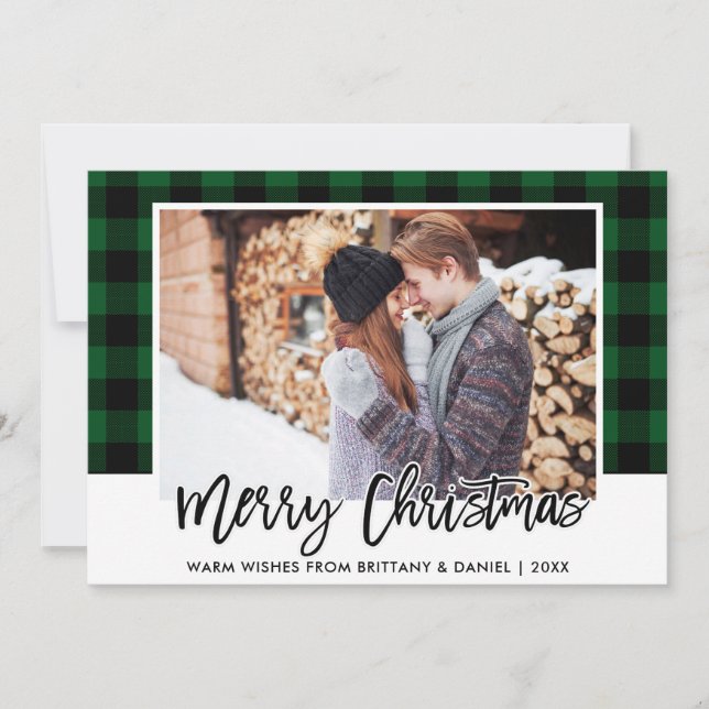 Cartão De Festividades Natal do Casal Verde com Script de Pincel (Frente)