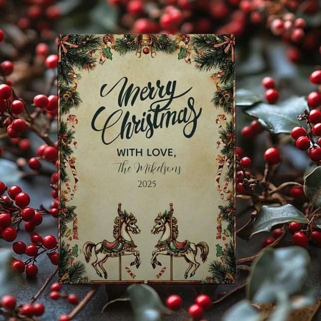 Cartão De Festividades Natal do Cavalo Fogueiro de Férias Retro (Criador carregado)