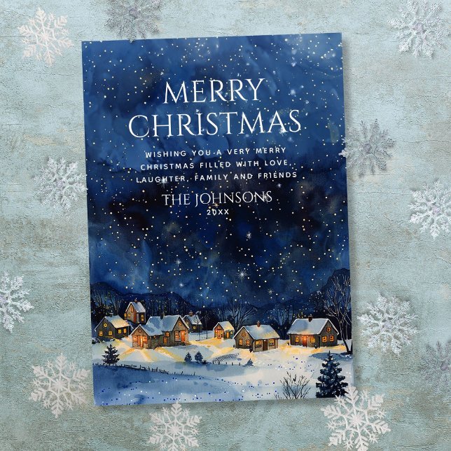 Cartão De Festividades Natal do Céu Noturno Russo Tradicional (Traditional Rustic Watercolor Night Sky Christmas Holiday Card)