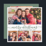 Cartão De Festividades Natal do Elegant 4 Photo Collage Green Script<br><div class="desc">Cartão de Feriado de Colagem de Foto do Moderno Minimalista Elegante Verde "Feliz Natal". Este festivo e caprichoso mimalista, quatro (4) modelo de cartão de feriado mostra uma bonito colagem fotográfica e diz "Feliz Natal"! O texto de saudação do "Feliz Natal" é escrito em uma bela caligrafia ou tipografia do...</div>