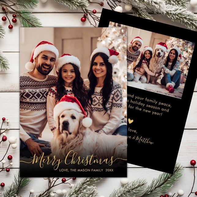 Cartão De Festividades Natal do Elegant Black and Dourado Script 2 Photo (Criador carregado)