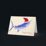 Cartão De Festividades Natal do espadim azul do papai noel<br><div class="desc">Espalhe algum elogio esta época natalícia com este cartão de Natal do espadim azul do papai noel que caracteriza um peixe do espadim azul que ostenta um chapéu do papai noel. A parte dianteira do cartão lê "boas festas". O interior do cartão lê o "desejo lhe de uma época natalícia...</div>
