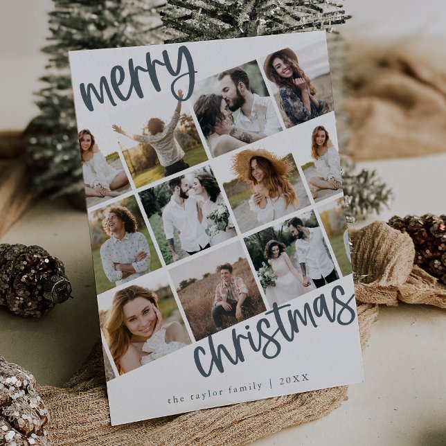 Cartão De Festividades Natal do Multi-Foto da Família Azul MARIAH (MARIAH Blue Fun Family Multi Photo Christmas Holiday Card)