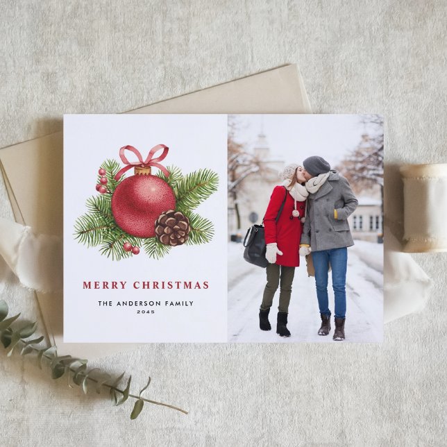 Cartão De Festividades Natal do Ornamento de Bola Vermelha de Aquarela (Criador carregado)