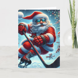 Cartão De Festividades Natal do Papai Noel Jogando Hóquei Legal