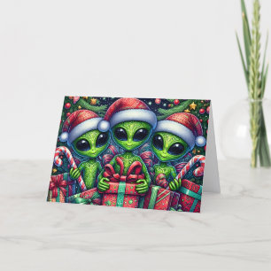 Cartão De Festividades Natal do Pequeno Alienígena Ajudante do Papai Noel