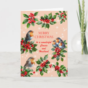 Cartão De Festividades Natal do Primo e da Esposa Robins e Azevinho