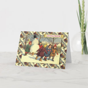 Cartão De Festividades Natal do russo do vintage, crianças e um boneco de