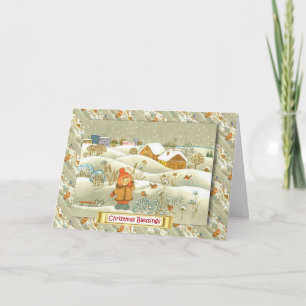 Cartão De Festividades Natal do russo do vintage, menina com um pequeno