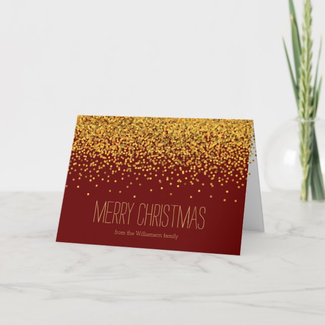 Cartão De Festividades Natal Dourado e Red Glam Confetti (Frente)
