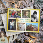 Cartão De Festividades Natal Dourado para a família Collage em seis fotos<br><div class="desc">Cartão de saudação de Natal de colagem de fotos em ouro. Cartão de Natal simples moderno com seis modelos de fotografia e duas linhas de texto personalizadas em verde real. Um floco de neve dourado solteiro decora a frente para corresponder ao padrão do floco de neve no reverso.</div>