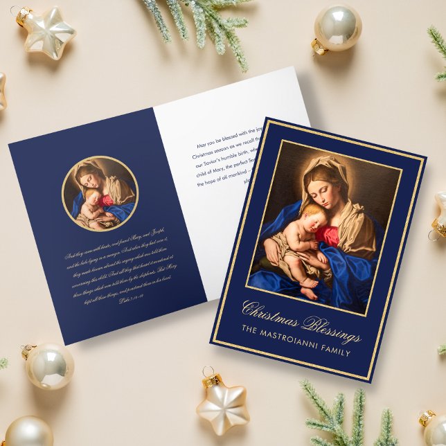 Cartão De Festividades Natal Dourado religioso Madonna e Infantil (Religious Christmas card for Catholics with Madonna and Child in midnight blue and gold)