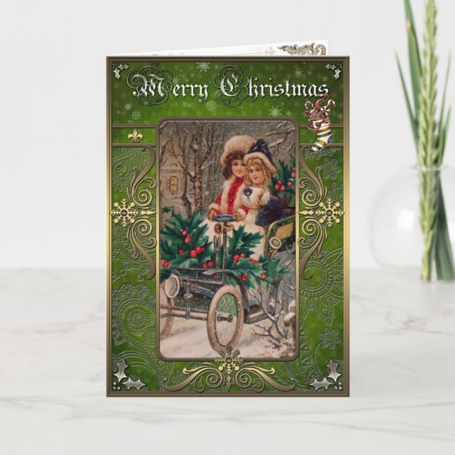 Cartão De Festividades Natal - Duas garotas no carro no inverno. (Frente)