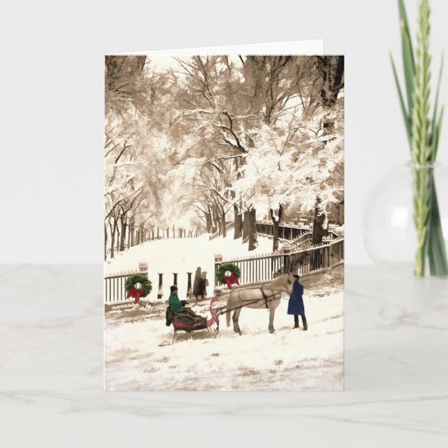 Cartão De Festividades Natal e neve no Boston Commons nos anos 70 (Frente)