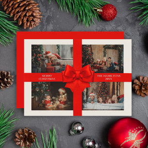 Cartão De Festividades Natal Elegante com Fita Vermelha Grande e 4 Fotos 