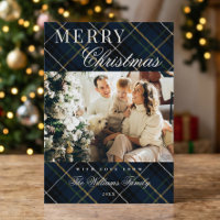 Natal Elegante de Xadrez Azul com 1 Foto Clássico