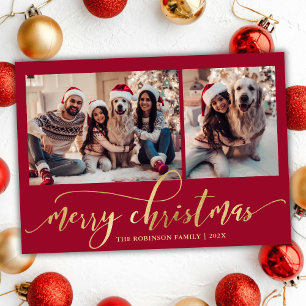 Cartão De Festividades Natal Elegante em Script Dourado Vermelho 2 Colage