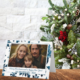 Cartão De Festividades Natal Elegante Floco de Neve Azul Festa Foto Dobla