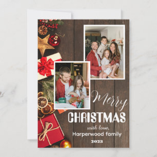 Cartão De Festividades Natal elegante para a família de madeira Duas Foto