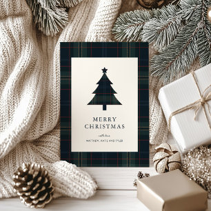 Cartão De Festividades Natal Elegante Xadrez Azul Marinho e Verde