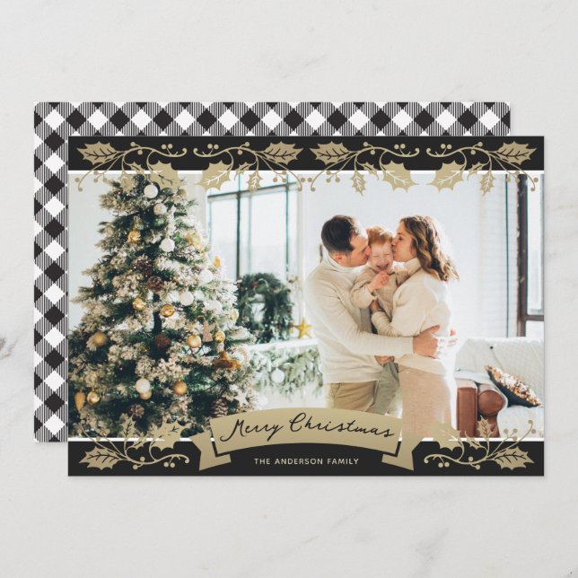 Cartão De Festividades Natal em Botânica com Xadrez Negra e Branca (Frente/Verso)