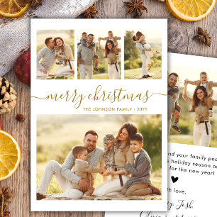 Cartão De Festividades Natal em Colagem de 4 Fotos com Caligrafia em Ouro